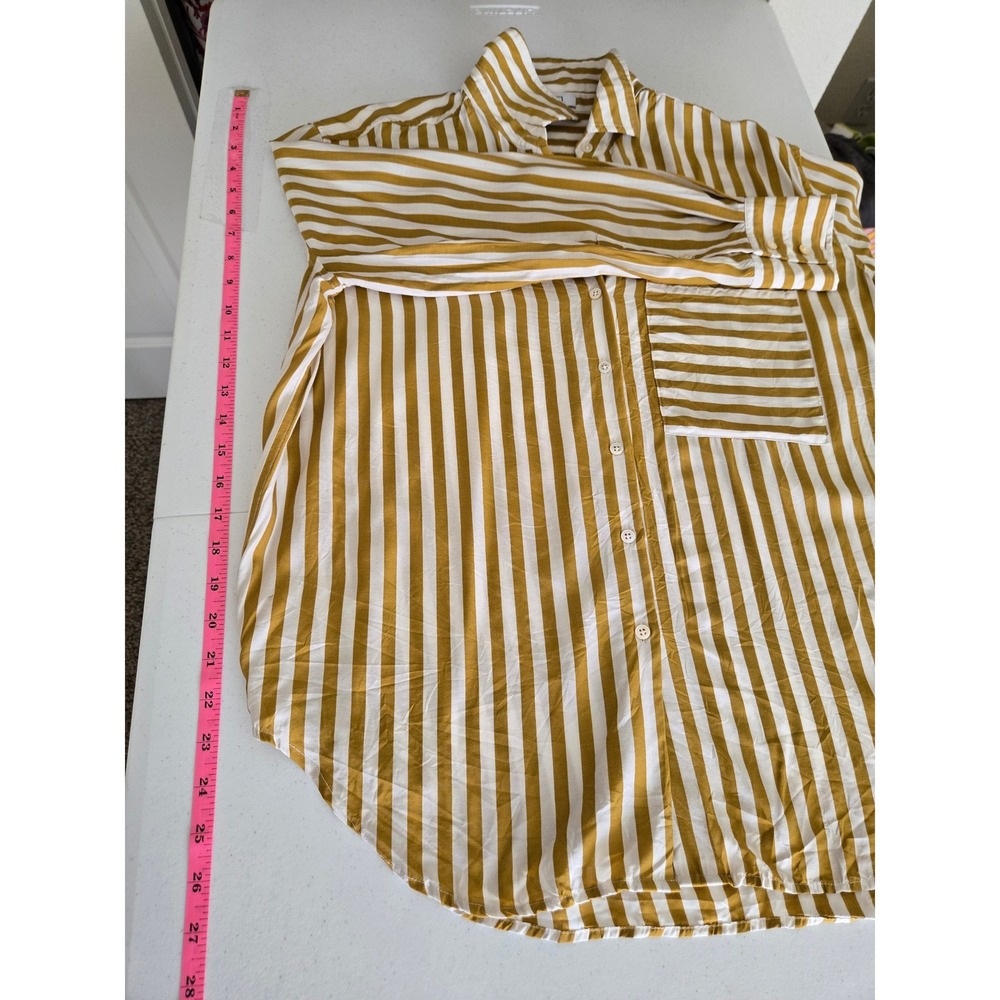 AYR Womens S The Deep End Button Down Shirt Yellow Stripe Silk Blend Oversized - Picture 9 of 10